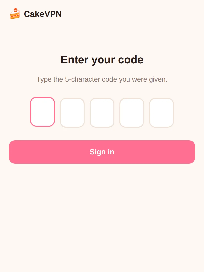 Entering the code in CakeVPN on a phone