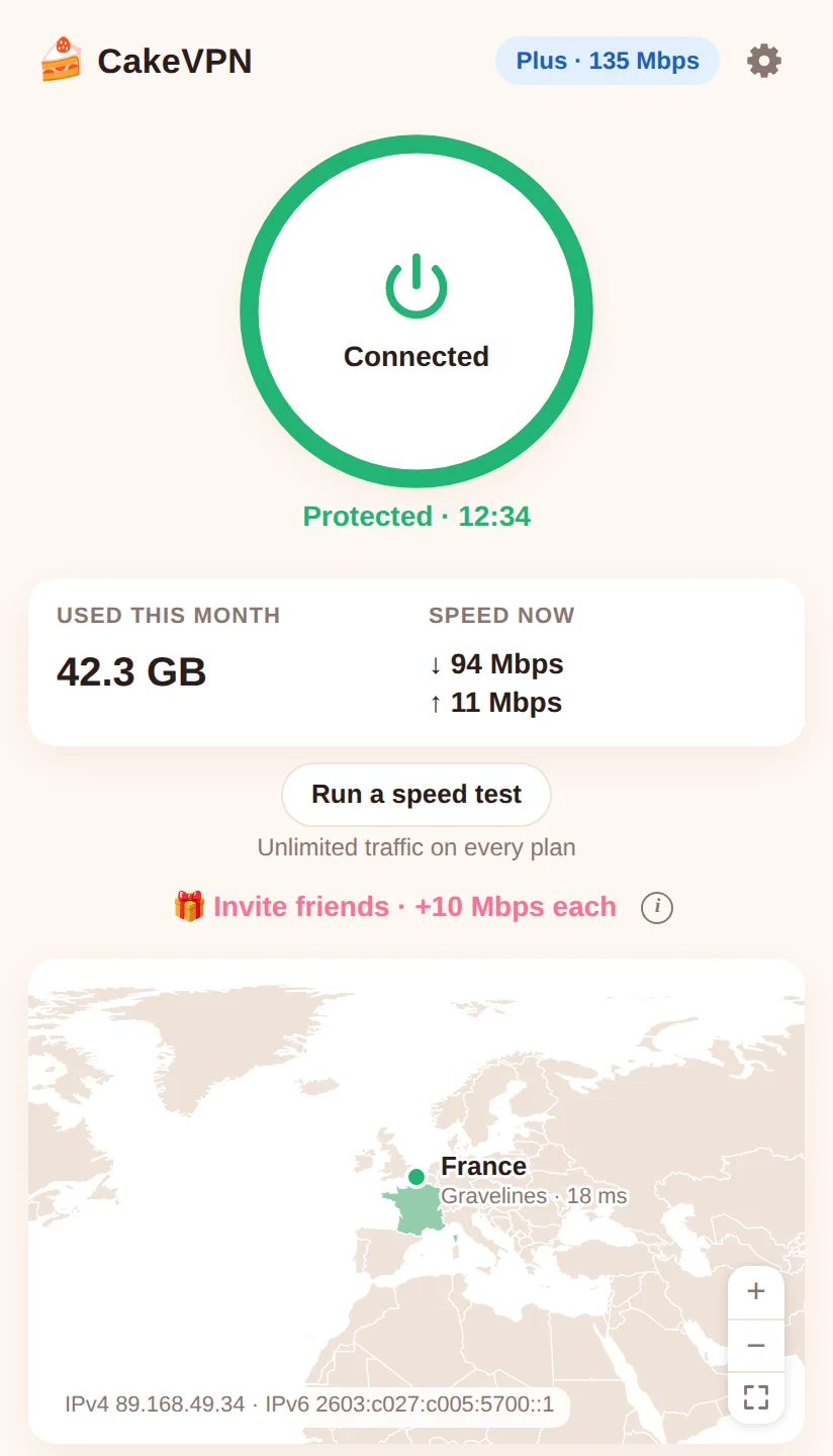 CakeVPN connected on a phone