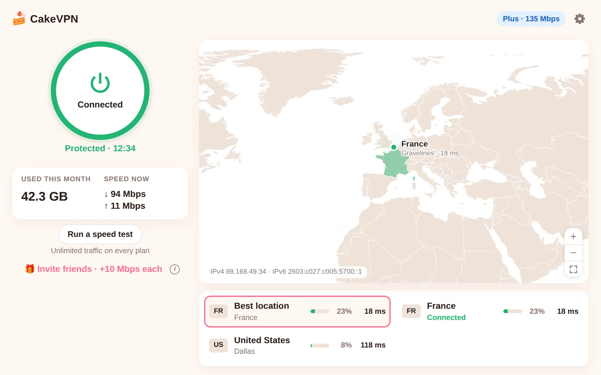 The CakeVPN app, connected to France, with the world map and the list of locations