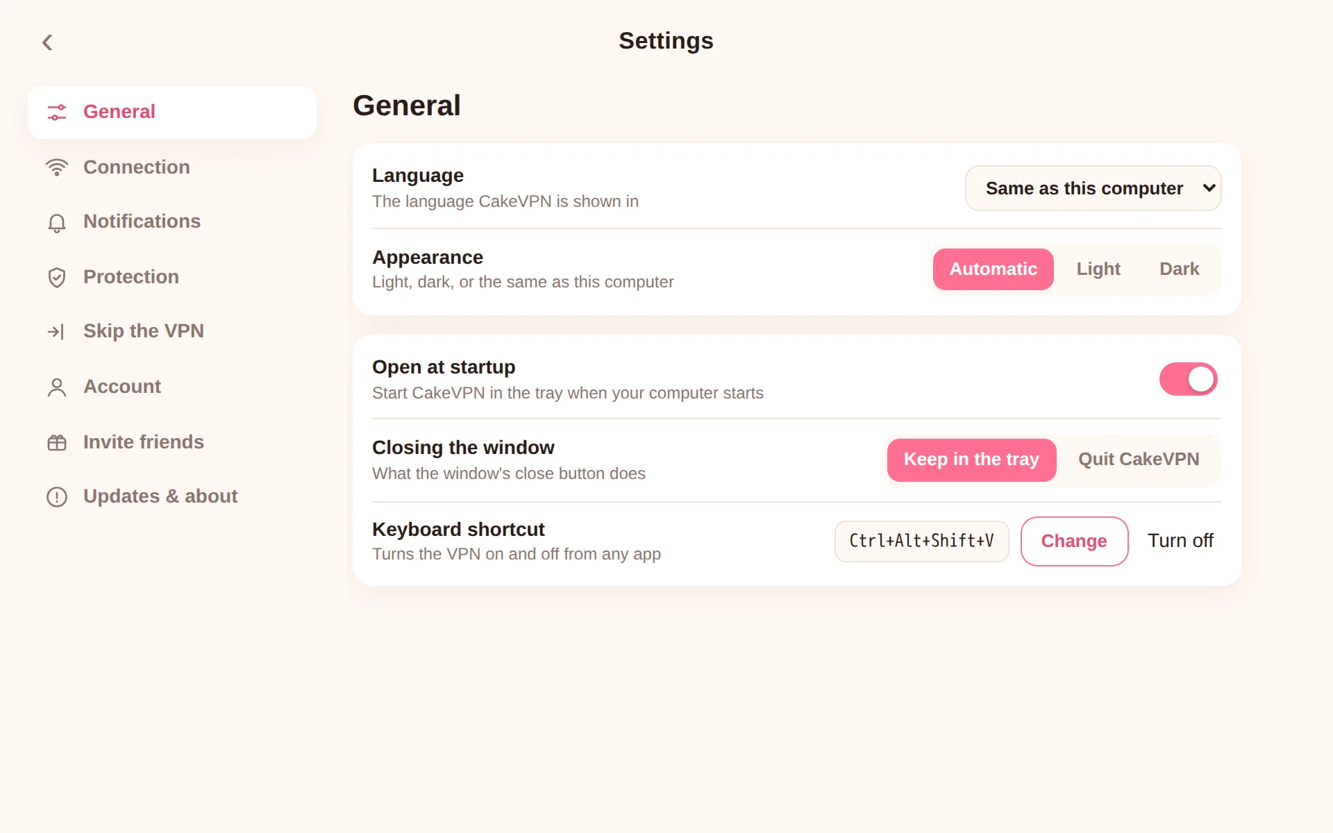 CakeVPN's settings, with sections on the left